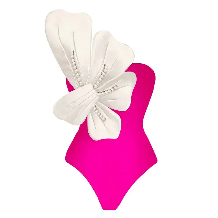 Maillot de bain une pièce asymétrique à fleurs et perles 3D 