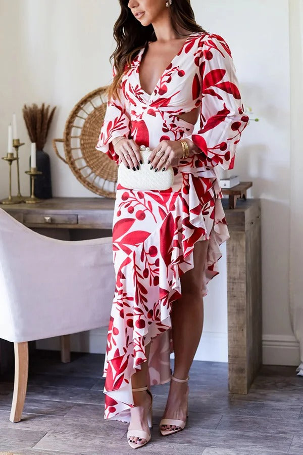 Robe longue fendue dos nu à volants et imprimé tie-dye, prête pour une soirée formelle