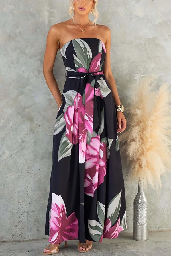 Combinaison à imprimé floral Just Heavenly, épaules dénudées, jambes larges et nouées