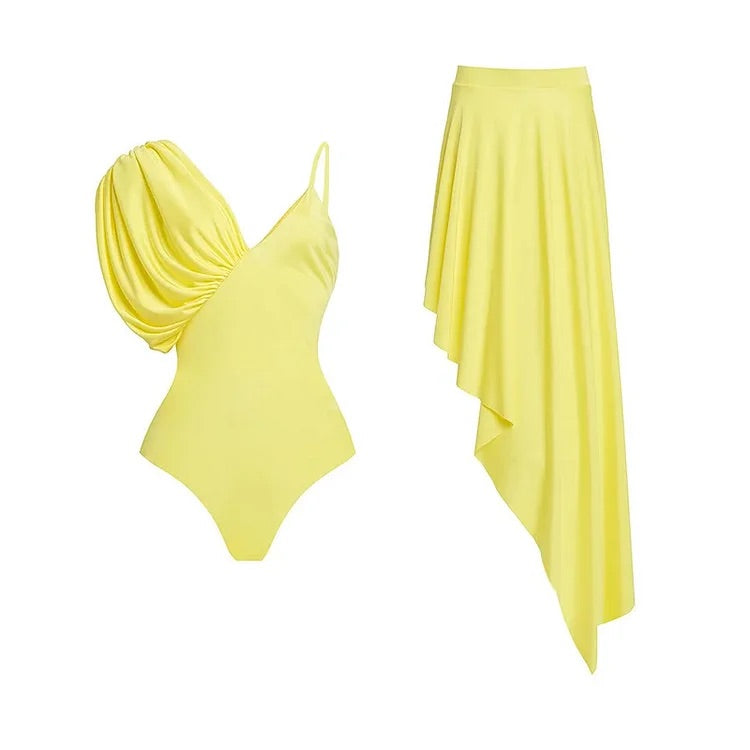 Maillot de bain une pièce asymétrique à bretelles et jupe de couleur unie 