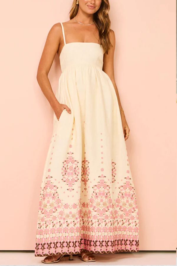 Robe longue ample à bretelles et poches, imprimé unique en mélange de lin et de fleurs paradisiaques