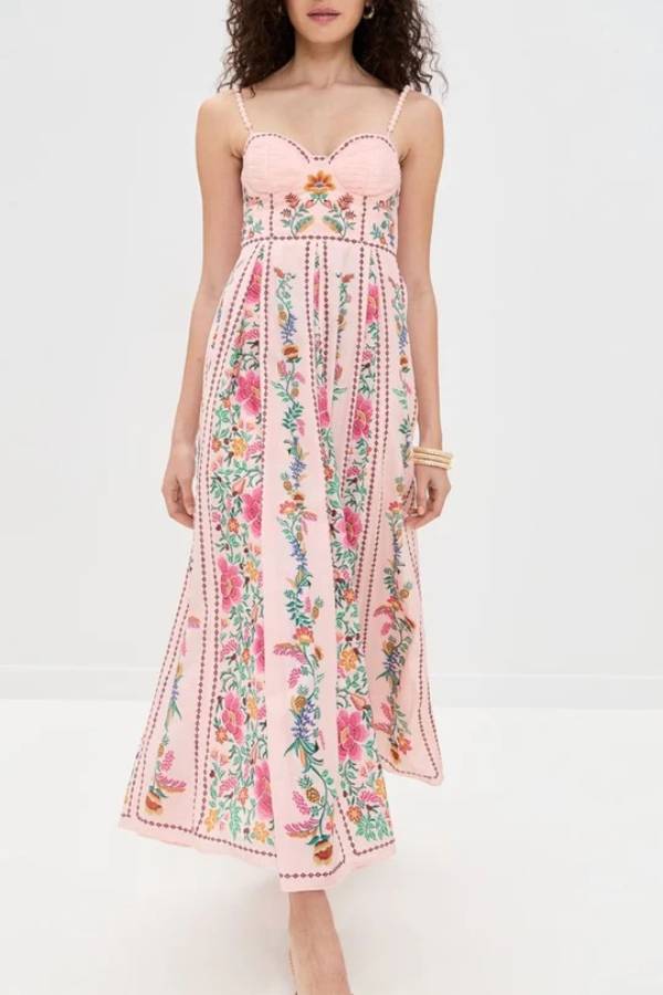 Delicate Forest – Maxikleid mit einzigartigem Print und herzförmigem Ausschnitt und Perlenträgern