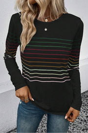 Black Striped Round Neck Long Sleeve Top