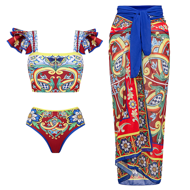 Maillot de bain et jupe bikini imprimés à volants 
