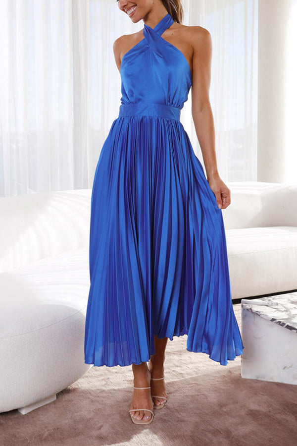 Beaming Smile Satin Halter Neck Pleated Midi Dress