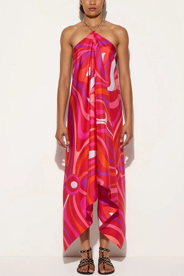 Elmhurst Satin Unique Print Chain Halter Draped Scarf Midi Dress