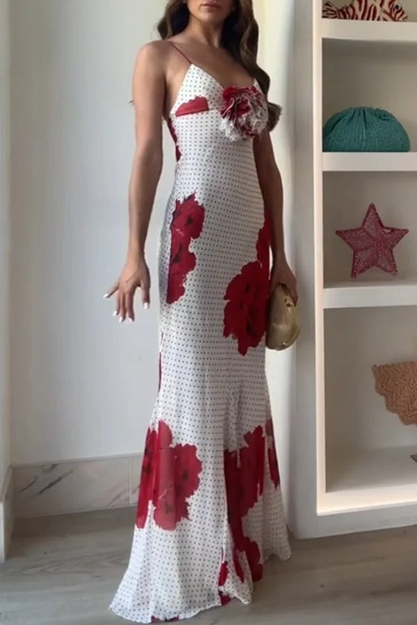 Vanna Poka Dot Floral Print 3D Flower Detail Slip Maxi Dress