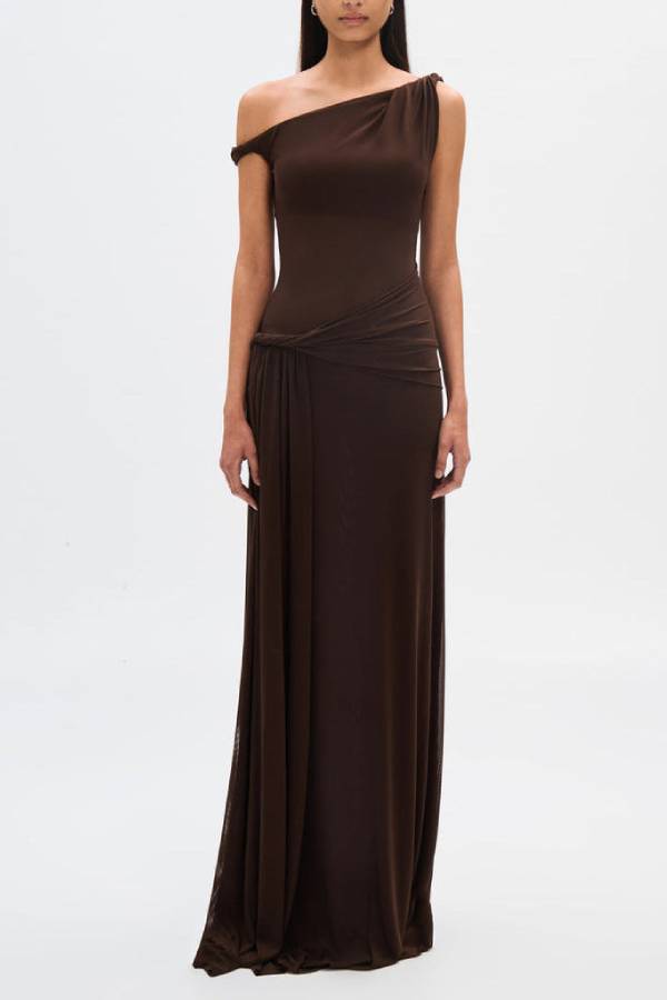 Robe longue extensible décontractée et sexy à une épaule avec ourlet drapé et détails torsadés