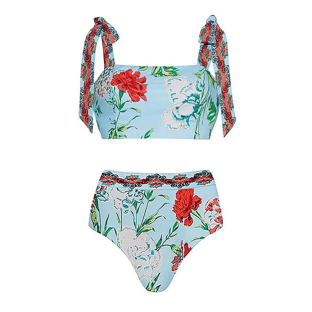 Lace up Blossom Printed Bikini Swimsuit