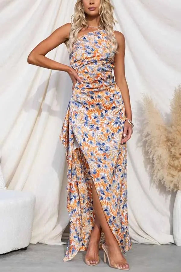Robe longue asymétrique à volants et à une épaule, motif floral Intense Love 