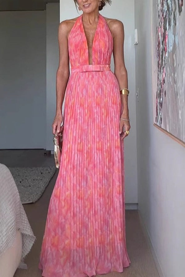 Robe longue plissée à imprimé unique et sexy, col licou, pour les vacances