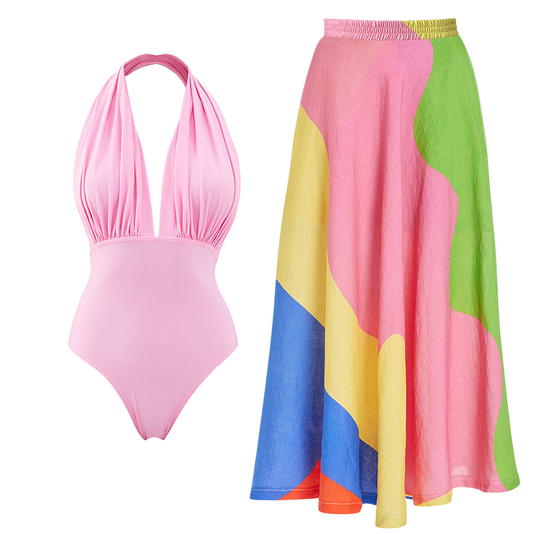 Maillot de bain une pièce à col en V et jupe 
