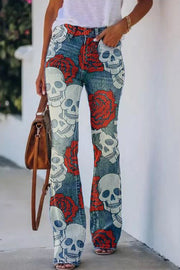 On A Drive Printed Faux Denim High Rise Flare Pants