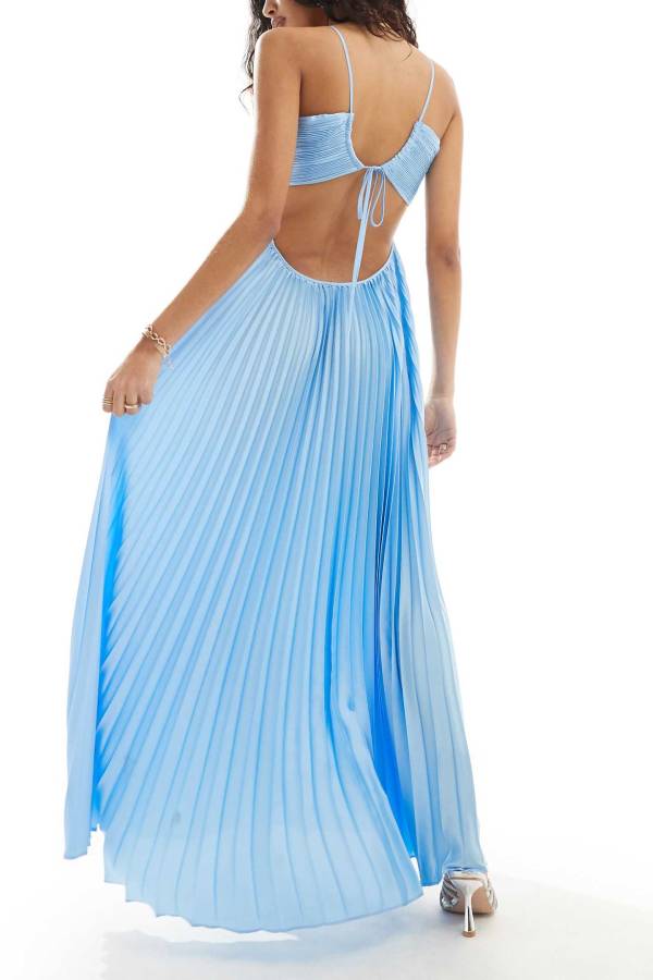 Caught Your Eyes Satin Pleated Cross Straps Cutout Flowing Maxi Dress