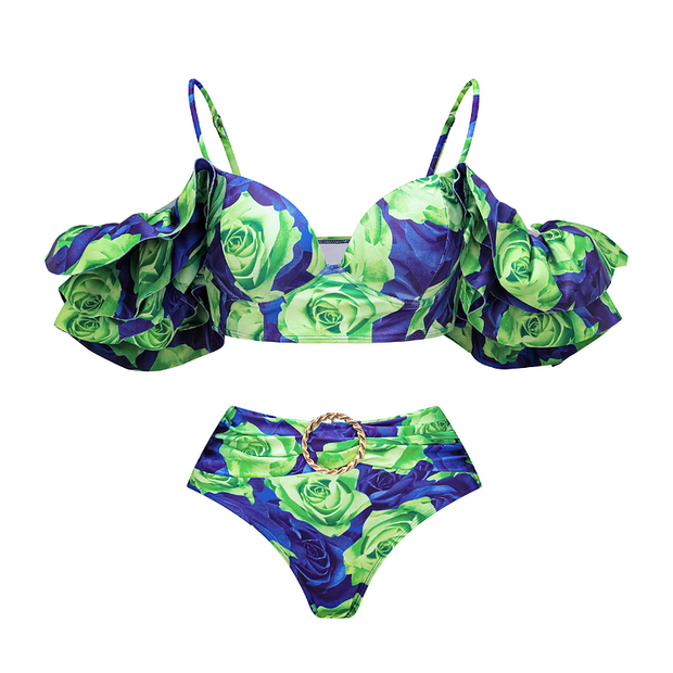 Blue Green Rose Big Ruffle Contrast Print Bikini Swimsuit and Skirt