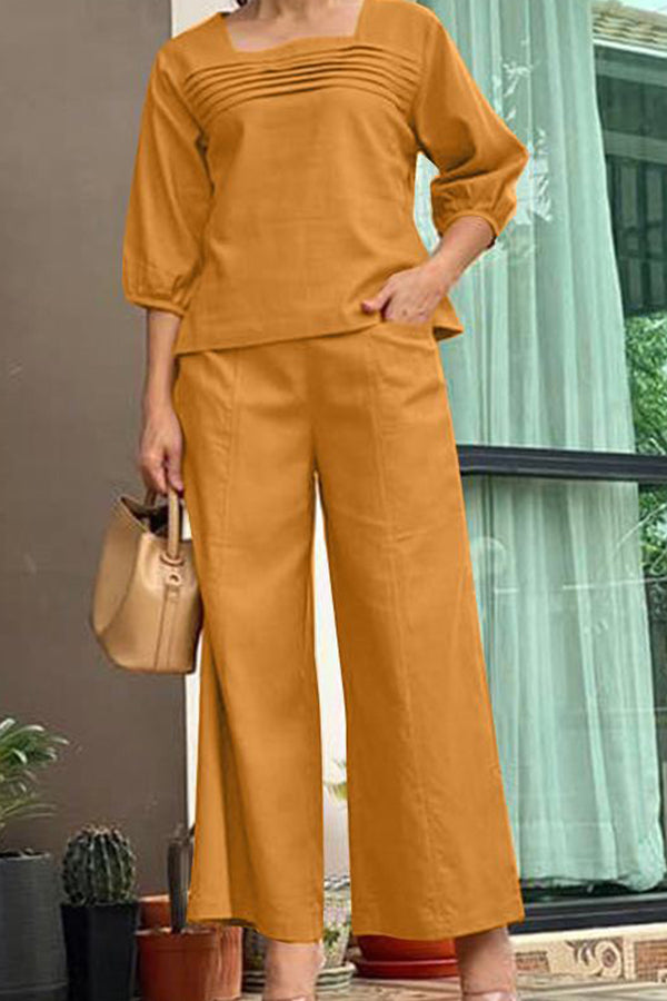 Loose solid color long sleeved top wide leg pants set