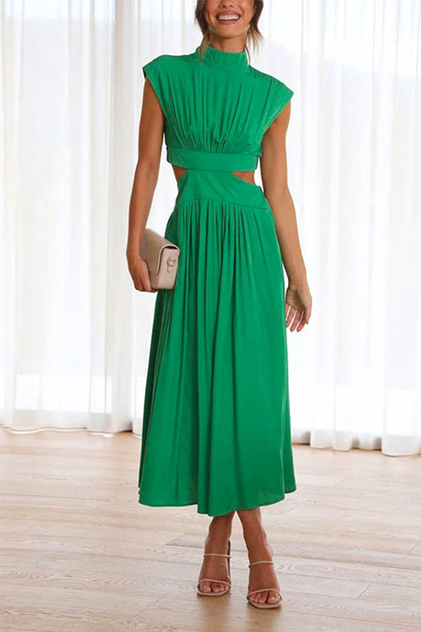 Solid Mockneck Cut Out Maxi A-line Swing Dress