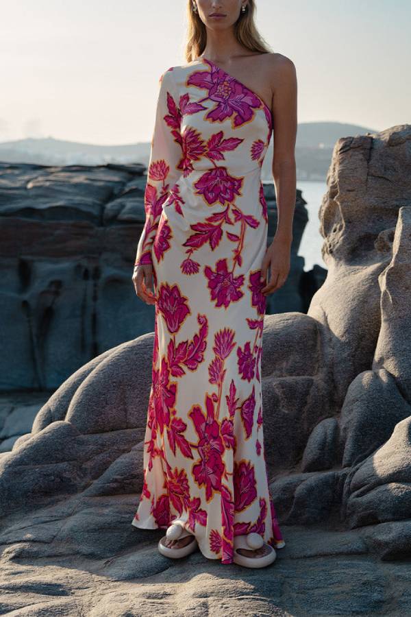 Rhia Satin Floral Print One Shoulder Flared Maxi Dress