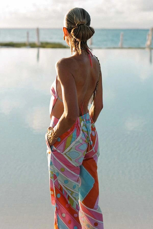 Kathy Unique Print Halter Scarf Tank and Elastic Waist Pocket Loose Pants Set