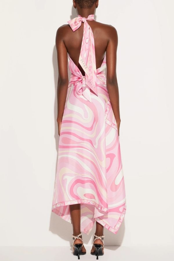 Ansela Satin Unique Print Halter Scarf Tank and Asymmetrical Maxi Skirt Set