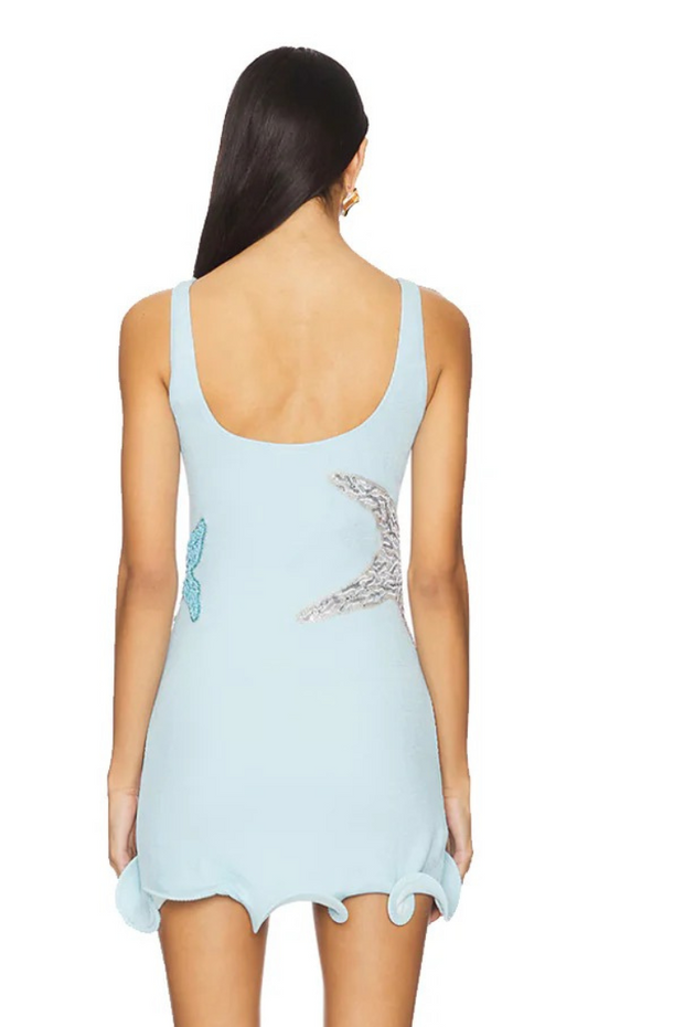 Starfish Applique Slim Fit Wavy Trim Square Neck Knit Mini Tank Dress