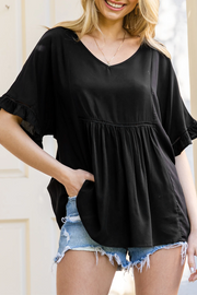 Plain V Neck Ruched Ruffle Trim Short Sleeve Blouse