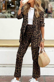 Wild Personality Leopard Pocket Relaxed Lapel Blazer and Elastic Waist Pants Set