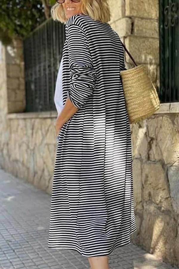 Black and White Striped Print Open Front Long Cardigan