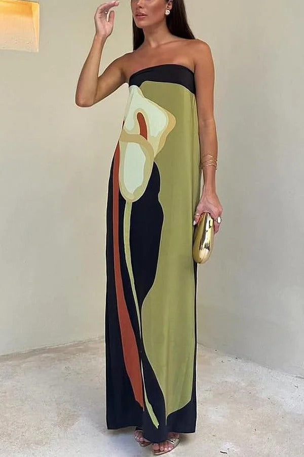 Robe longue ample à imprimé floral abstrait Jaime, épaules dénudées et élastique, idéale pour les vacances