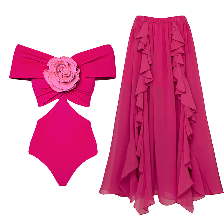 3D Flower Color Block Swimsuit and Skirt