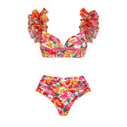 Double Layer Ruffled Shoulder Straps Flower Print Bikini Swimsuit and Sarong