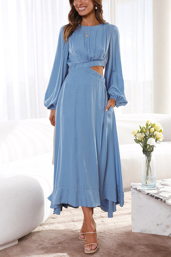 Eloise Blue Bubble Long Sleeve One Side Open Waist Midi Dress