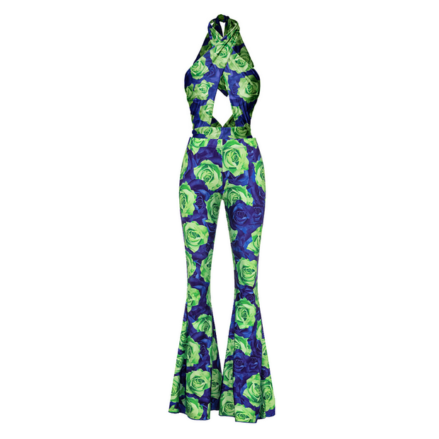 Blue Green Rose Print Cut Out Hanging Neck One Piece Swimsuit