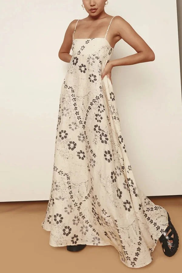 Robe longue dos nu à bretelles et imprimé floral en mélange de lin