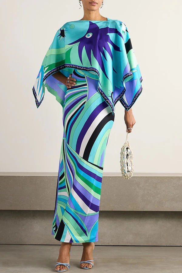 Mykonos Getaway Satin Unique Print Flowy Cape Sleeve Maxi Dress
