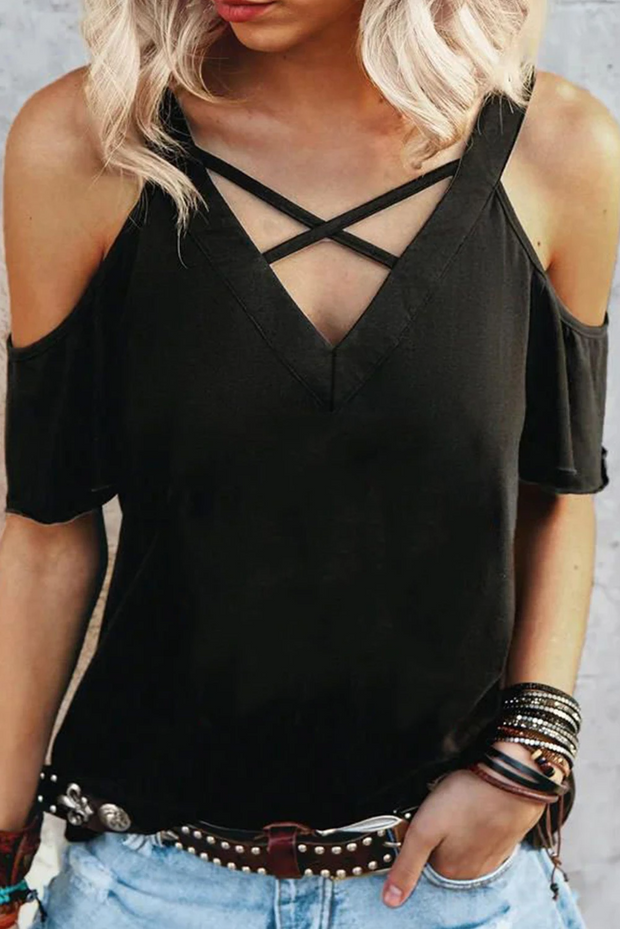 Black Criss Cross V Neck Cold Shoulder T-shirt