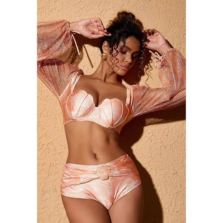 Maillot de bain bikini à manches longues et jupe à imprimé coquillage 