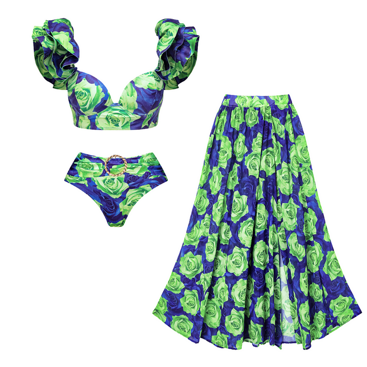 Maillot de bain et jupe bikini à gros volants contrastés bleu vert et rose 