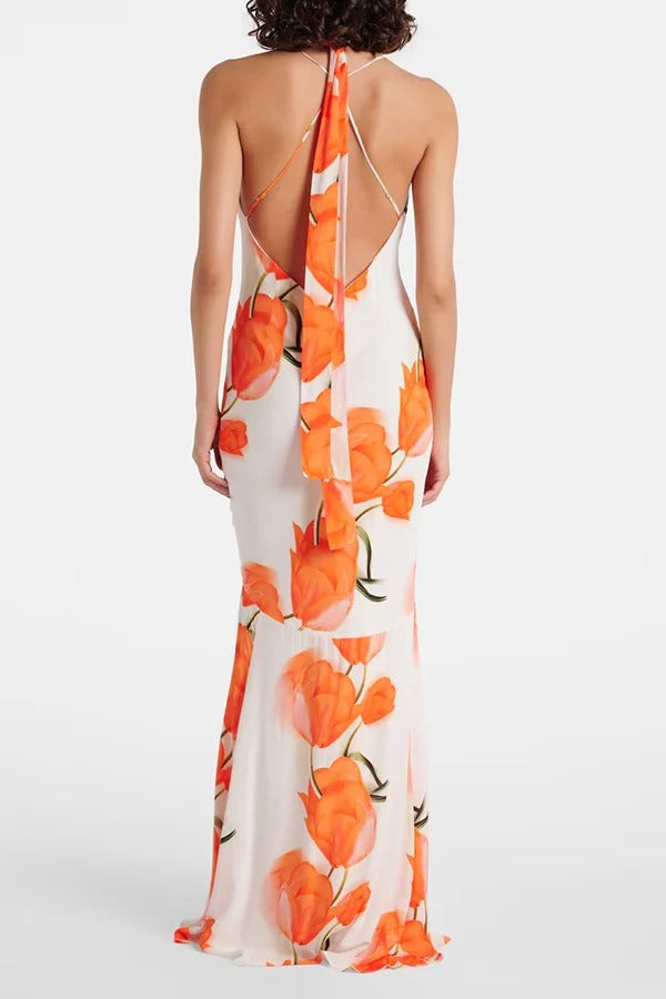 Charmante robe longue évasée à imprimé tulipes, dos nu, bretelles croisées et foulard