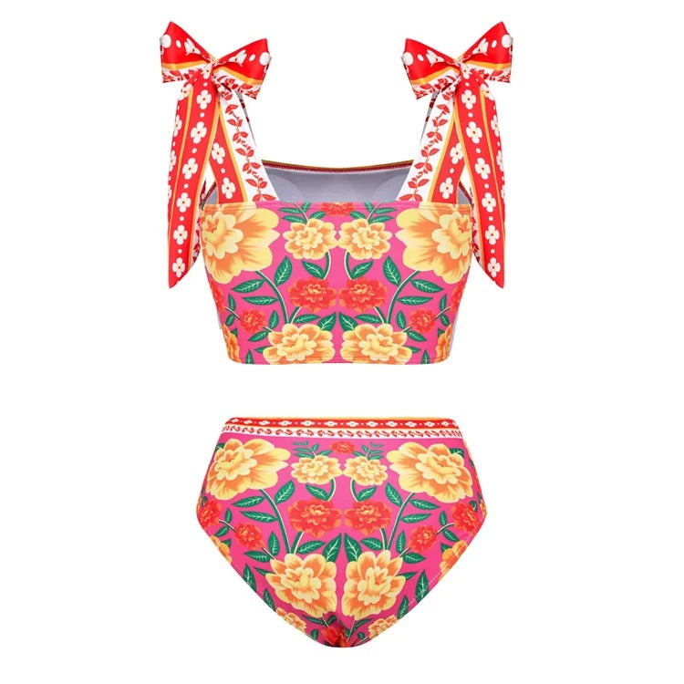 Maillot de bain bikini imprimé fleuri avec nœud papillon et épaules nouées 