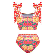 Bowknot Tie-shoulder Flower Print Bikini Swimsuit