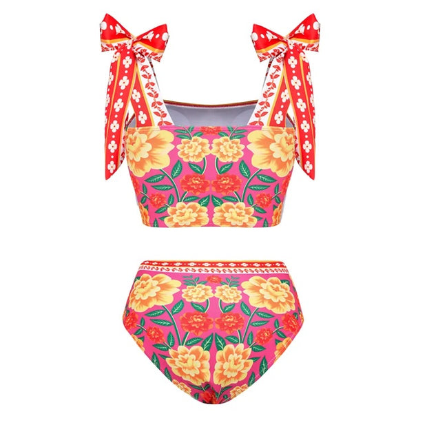 Bowknot Tie-shoulder Flower Print Bikini Swimsuit