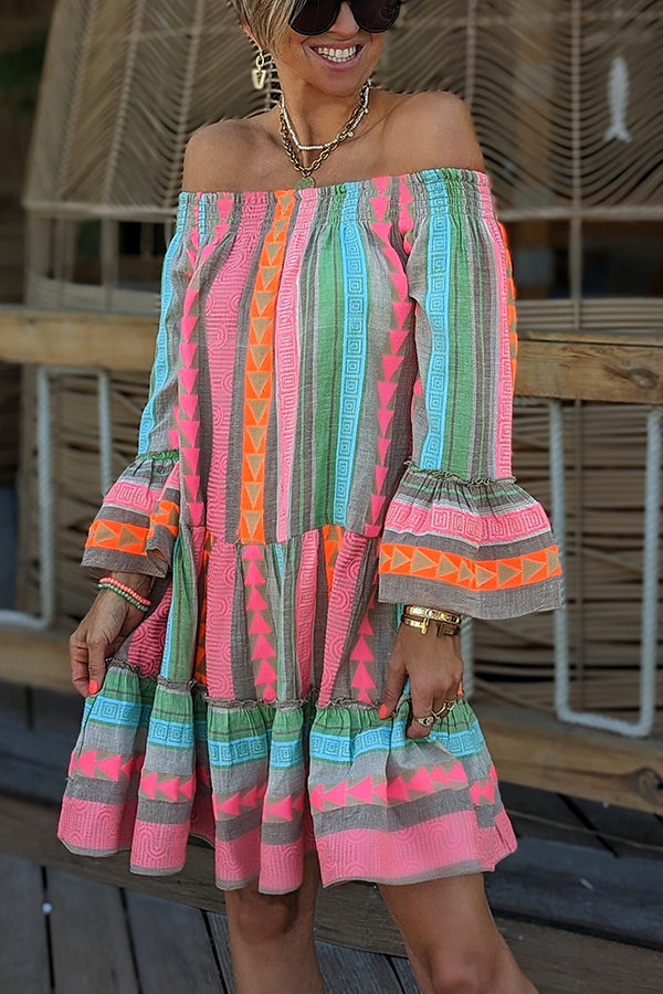 Robe courte ample à épaules dénudées et imprimé ethnique en lin mélangé Friendly Shores