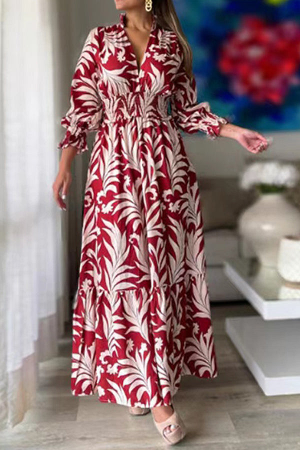 Waist pullover bohemian print long-sleeved swing dress