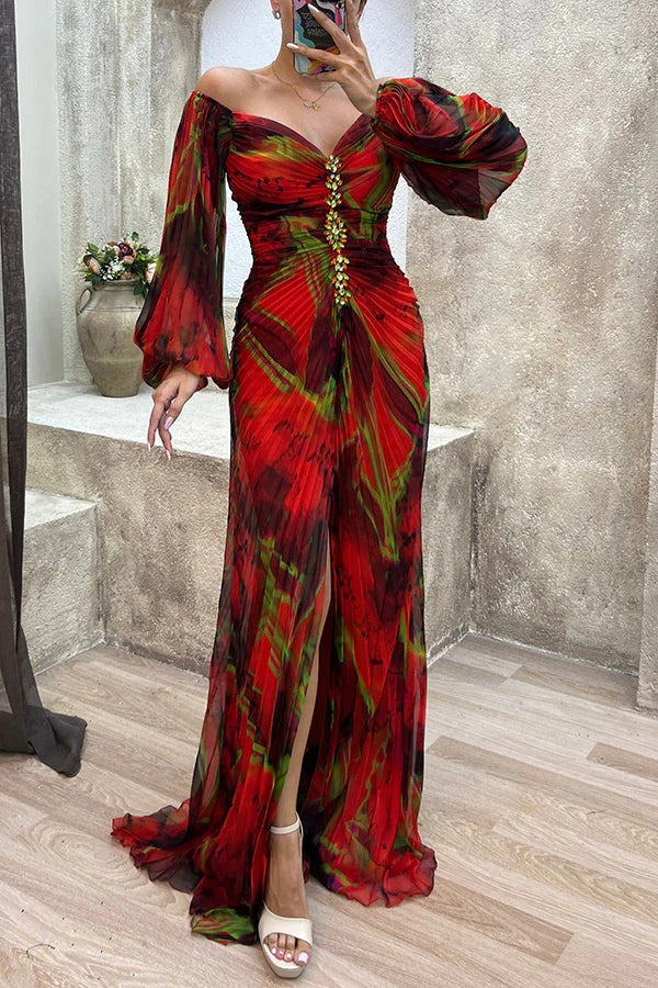 Robe longue fendue plissée à imprimé sérénade Sunset, épaules dénudées et diamants
