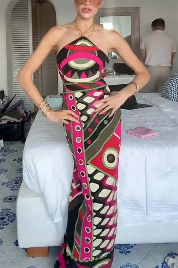 Jiya Unique Print Chain Detail Halter Backless Maxi Dress