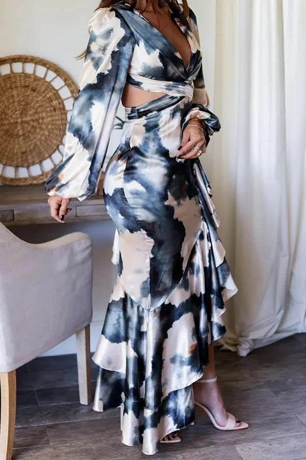 Robe longue fendue dos nu à volants et imprimé tie-dye, prête pour une soirée formelle