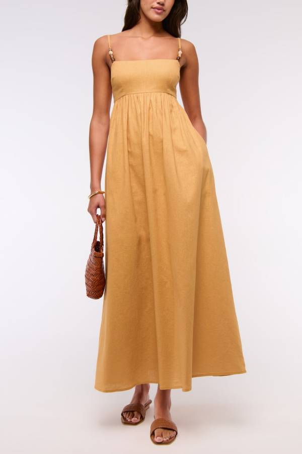 Long Weekend Linen Blend Fun Beaded Shoulder Straps Pocketed Babydoll Maxi Dress