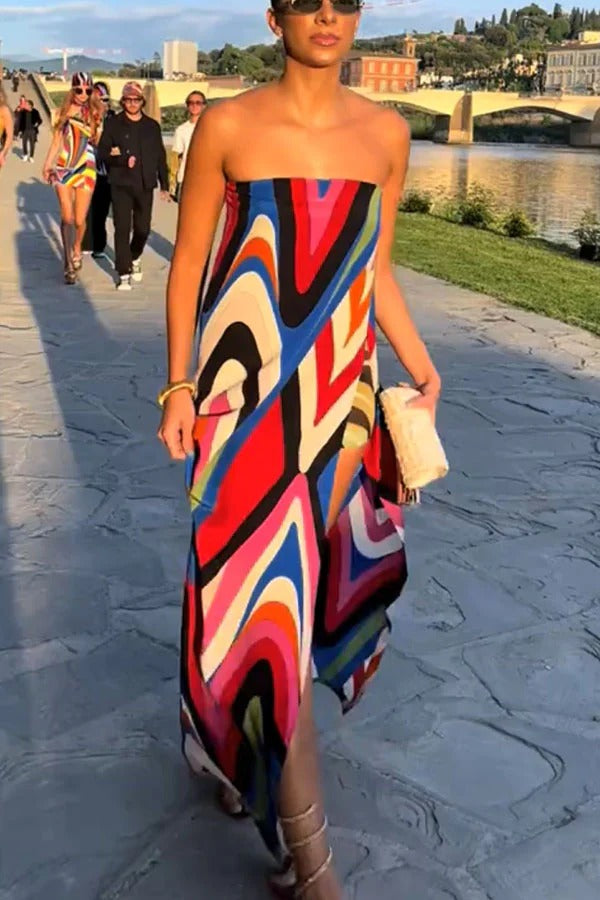 Kennedy Unique Print Off Shoulder Side Slit H-line Maxi Dress