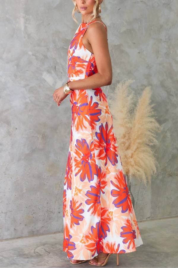 Botanical Print Sexy Sleeveless Open Back Maxi Dress